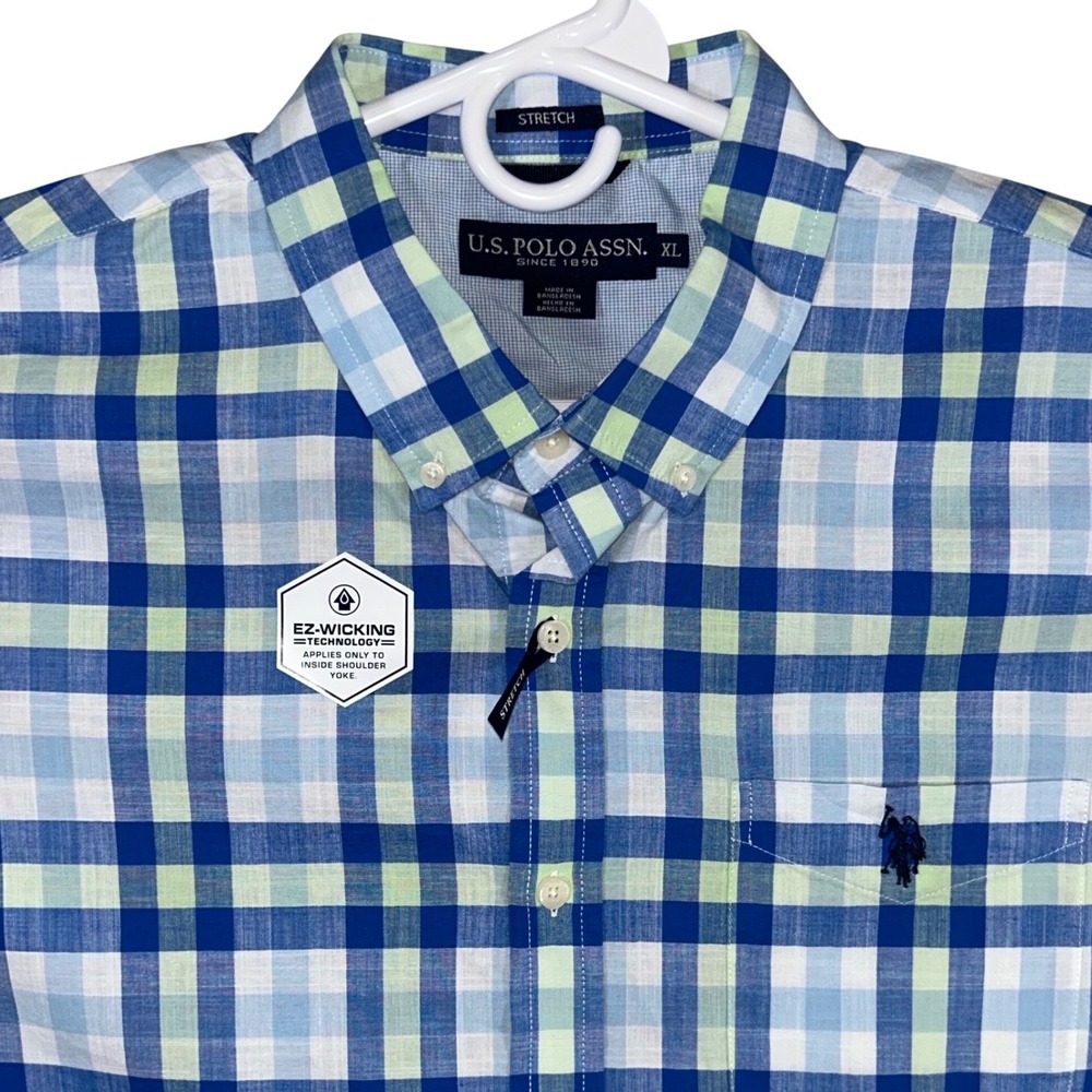 US Polo Assn Mens XL Short Sleeve Button Down Shirt Blue Green Plaid Stretch New